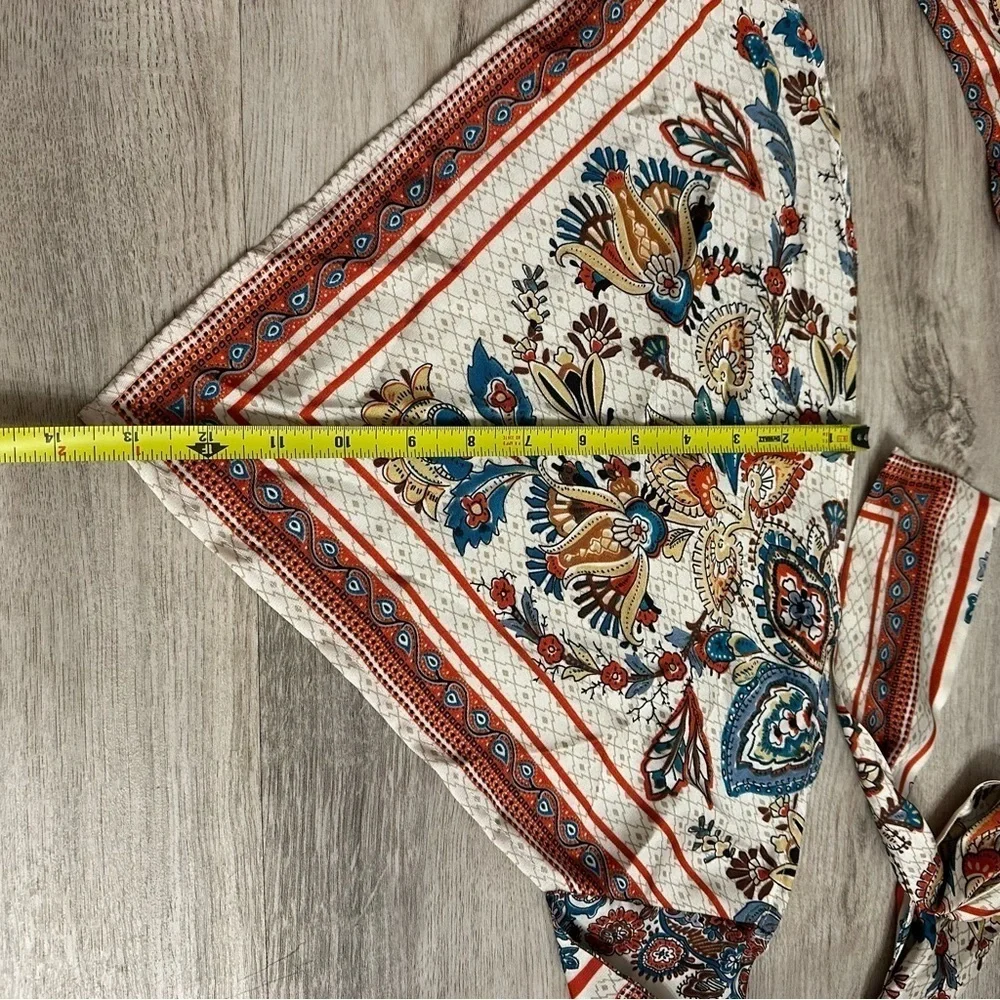 Ivory Paisley Head Scarf Boho Floral Kerchief Blue Rust Print One Size